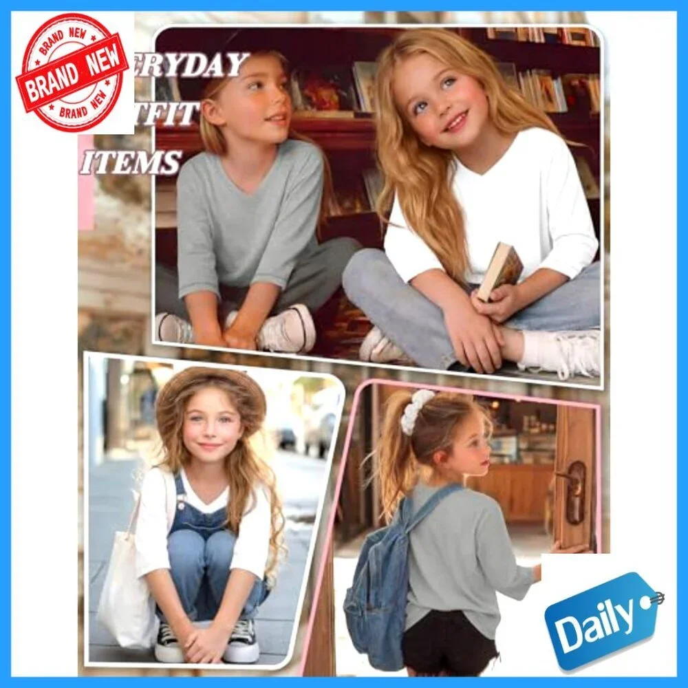 Girl's 3-Pack 3/4 Sleeve V-Neck Tees Loose Fit Lightweight Summer Tops